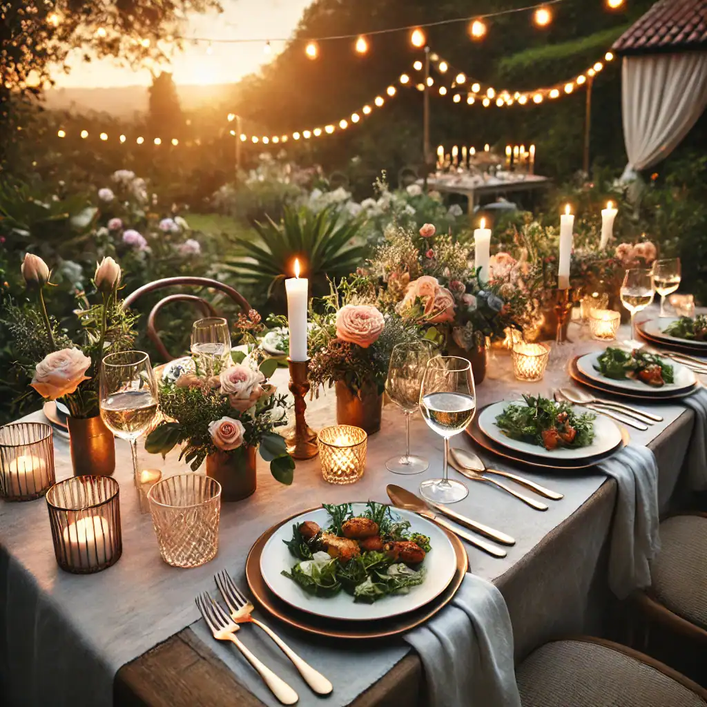 Elegant outdoor dinner table beneath string lights at sunset