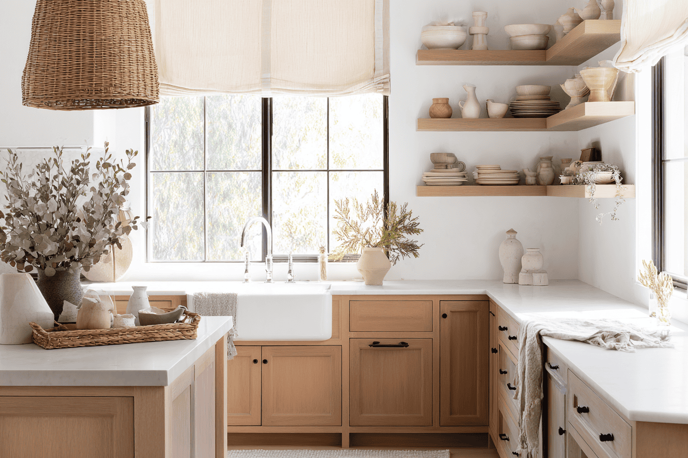 Bright clean kitchen with warm wood cabinetry