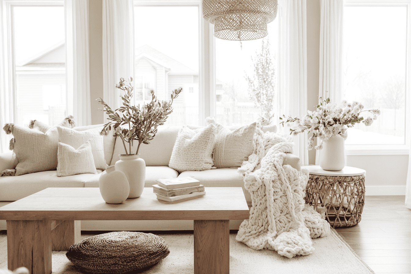 Calm bright living room with neutral spring decor