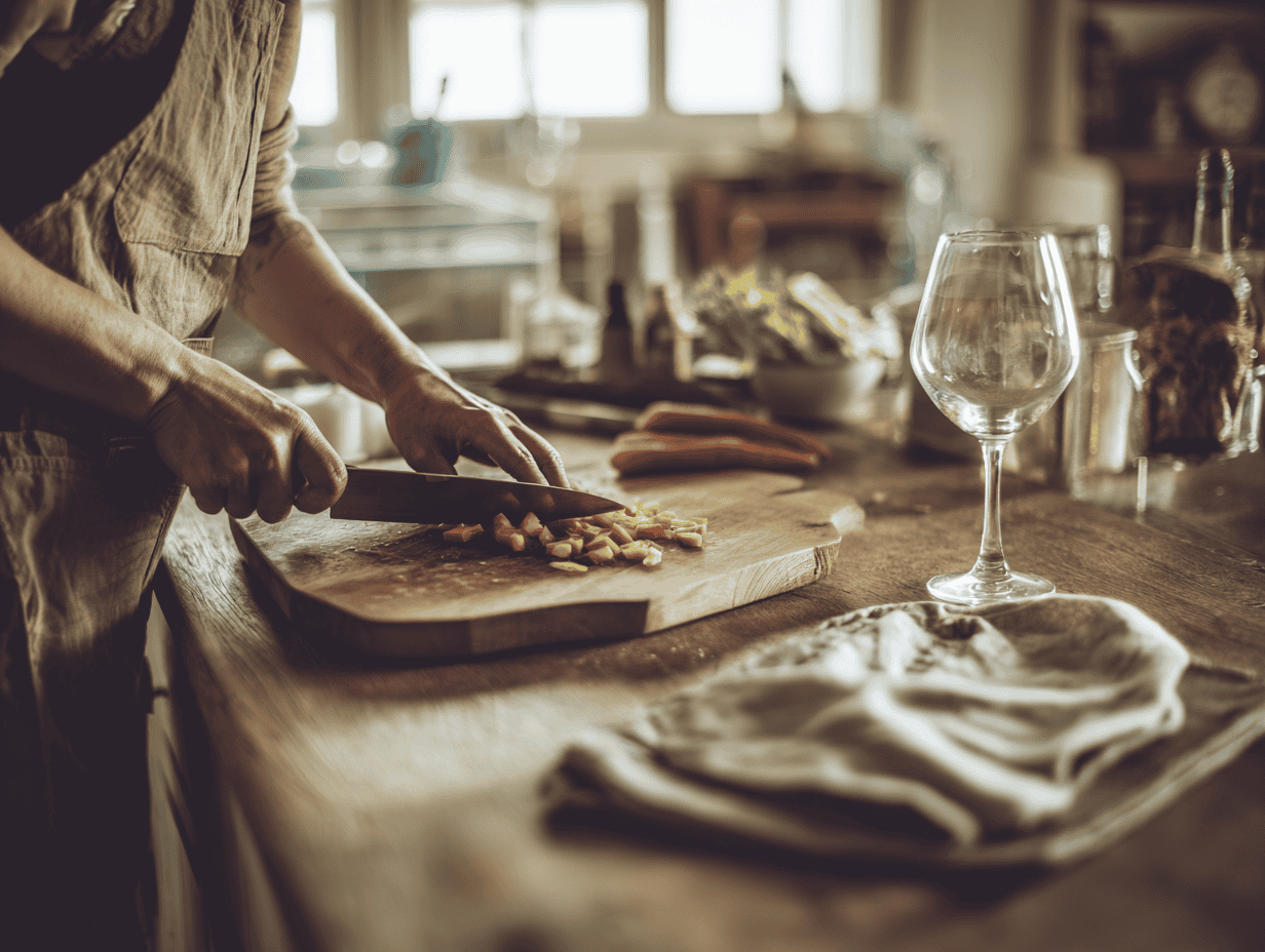 Woman preparing food at a warm kitchen table for a gathering
