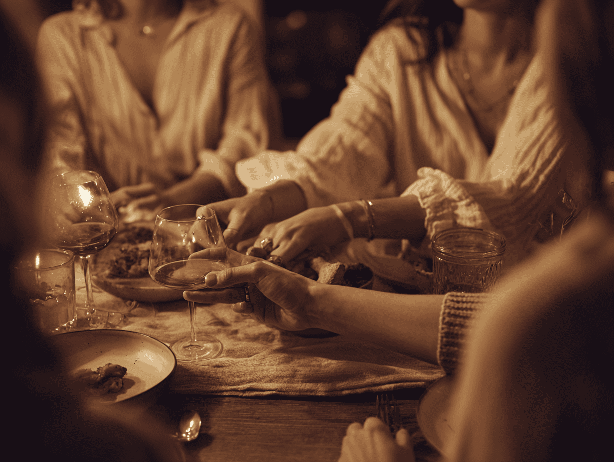 Friends sharing dinner around a warm candlelit table