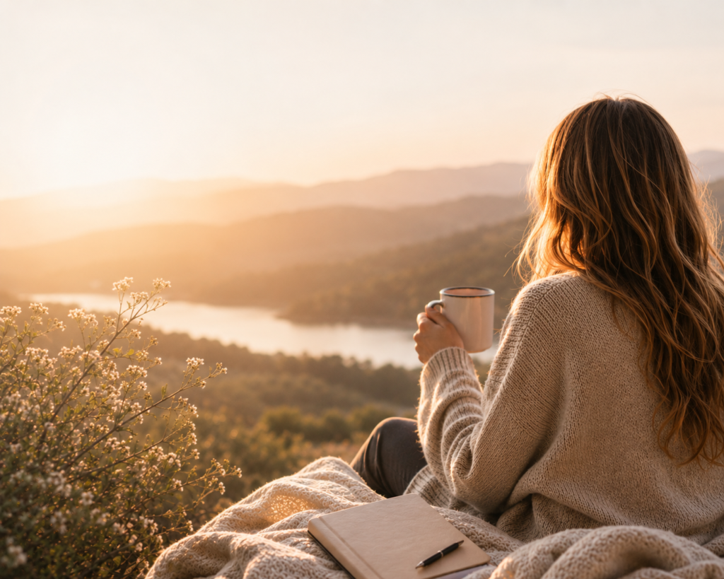 Woman sitting with coffee overlooking a peaceful mountain lake at sunrise wrapped in a cozy blanket and sweater