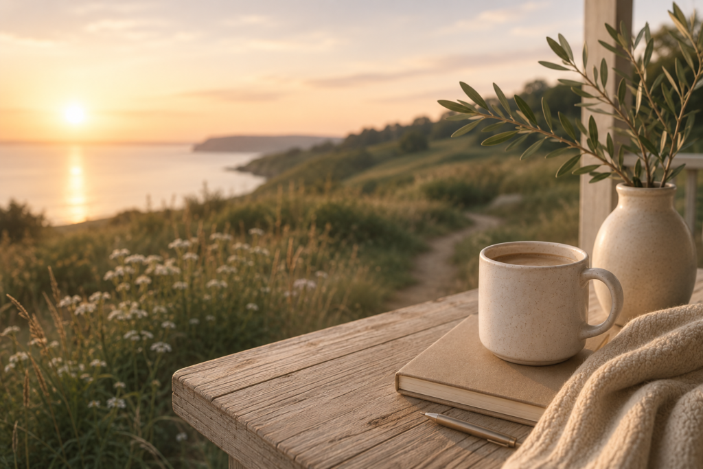 Soft golden sunrise over a peaceful coastal landscape viewed from a rustic wooden table with a ceramic coffee mug, journal, and cozy blanket, creating a calm and reflective atmosphere.