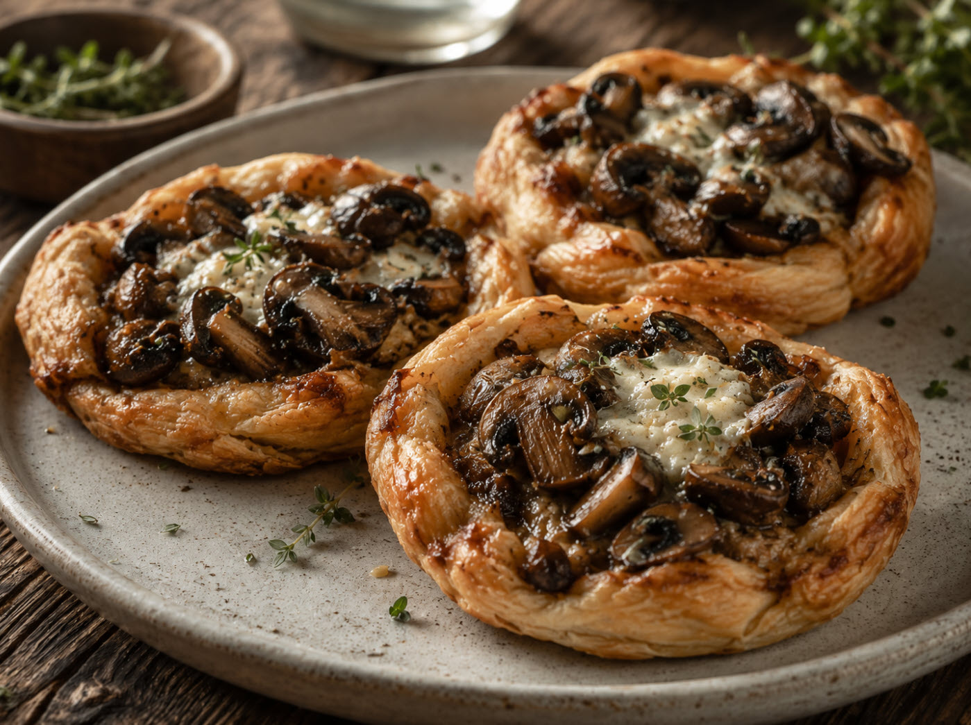 Mushroom and goat cheese tarts served as a dinner club appetizer