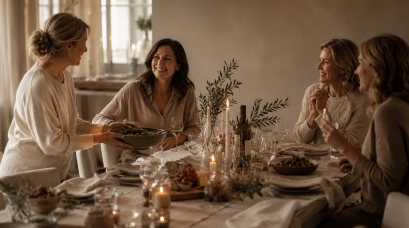 Friends gathered around a candlelit table