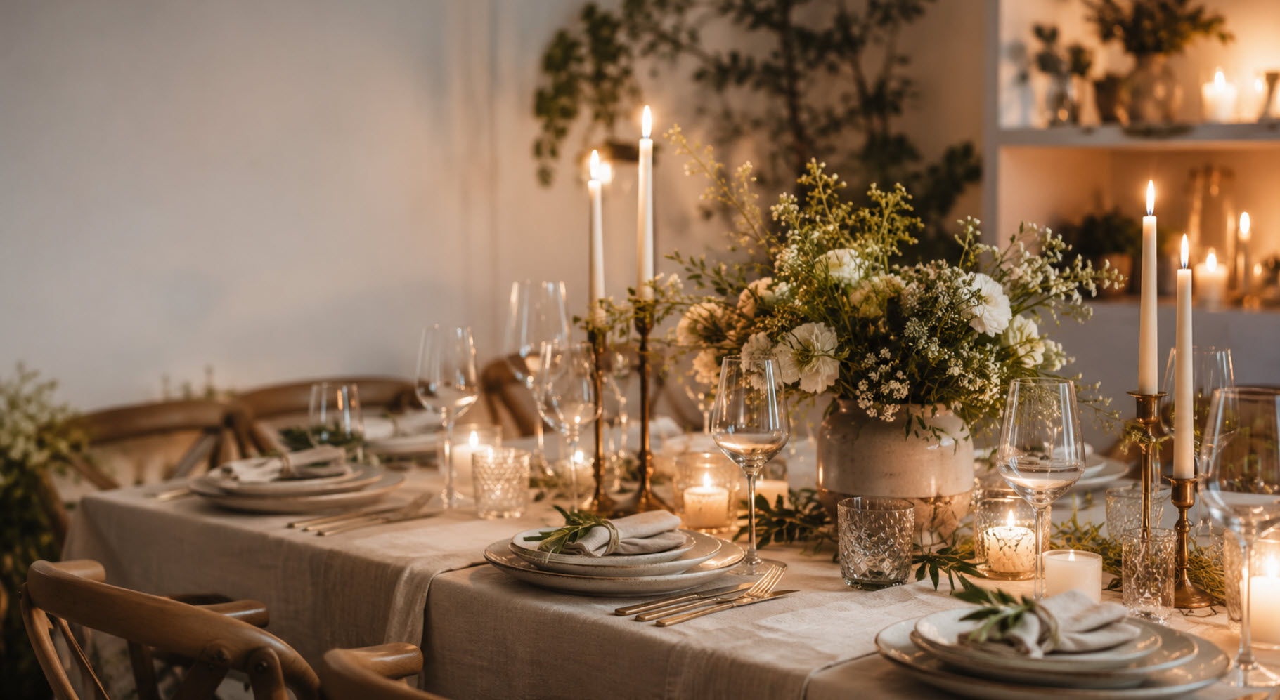 Elegant candlelit dinner table set with neutral linens, white flowers, greenery, glassware, and layered place settings.