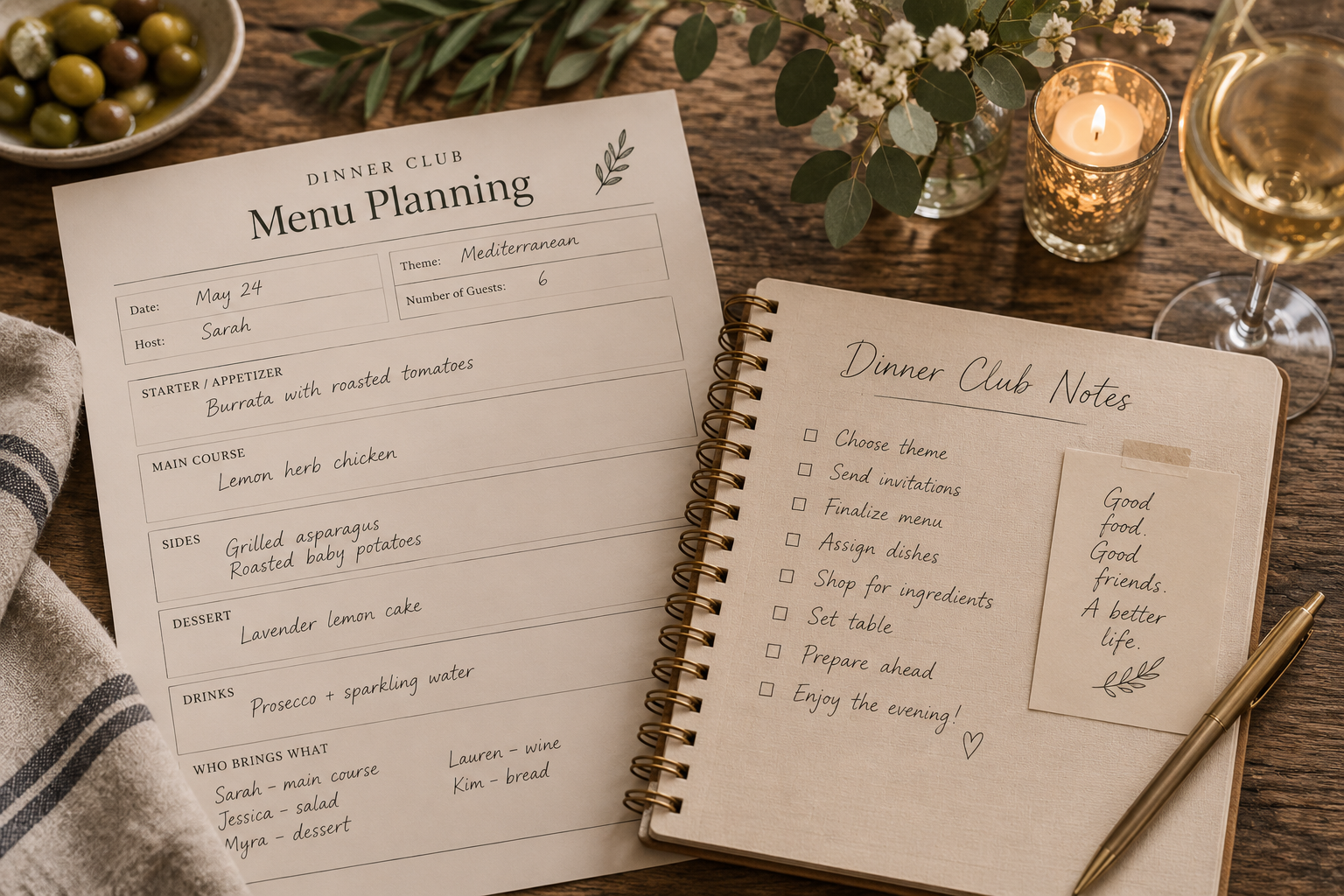 Dinner club menu planning with recipes, notebook, and seasonal ingredients