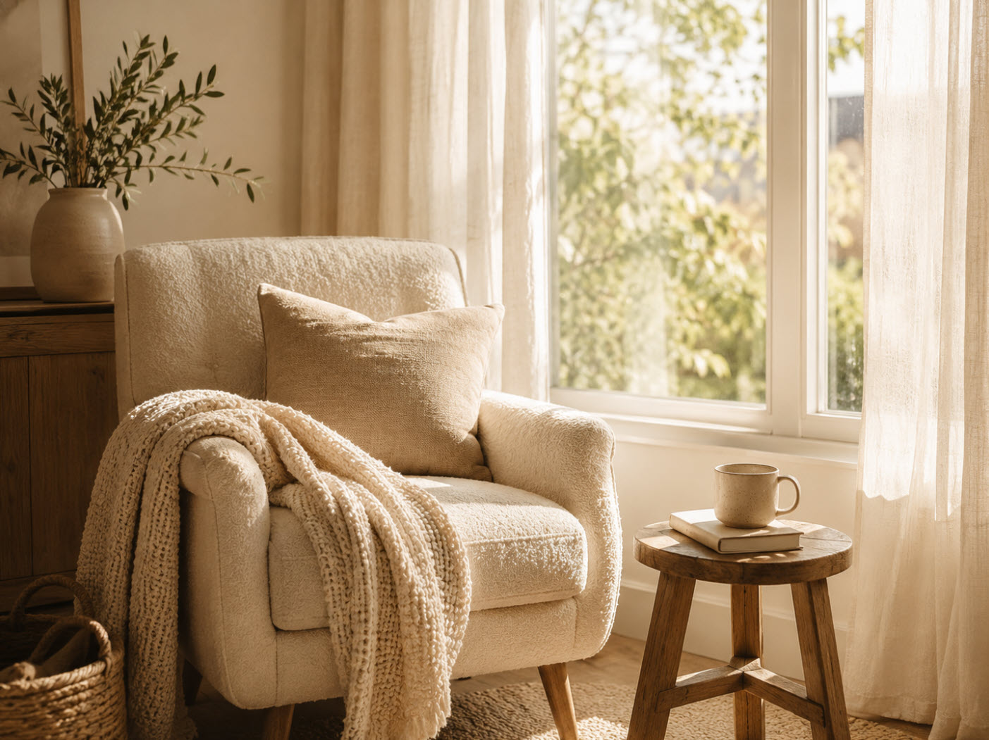 A peaceful chair, blanket and cup of coffee beside a sunny window