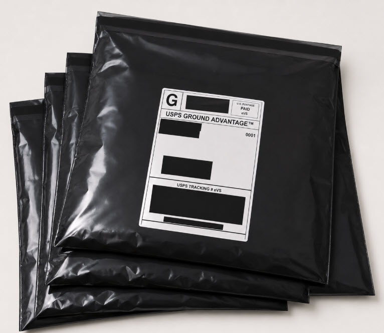 Reseller shipping poly mailers arranged beside packaged clothing inventory