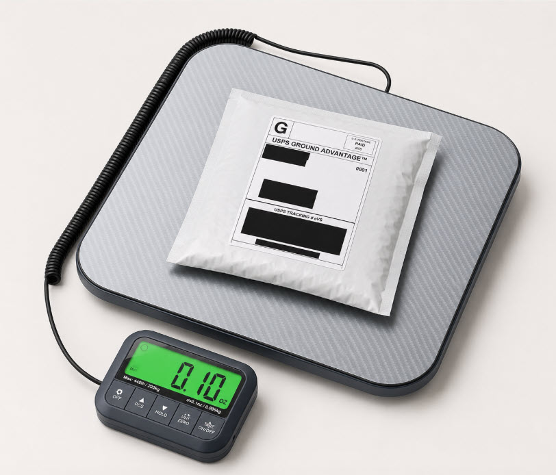 Digital shipping scale displaying the weight of a packaged reseller order