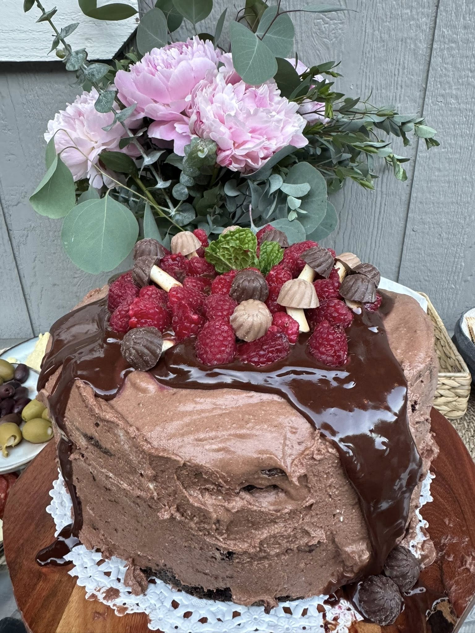 Raspberry chocolate truffle cake served for dessert