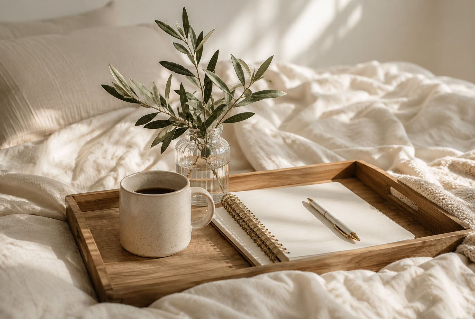 Coffee, journal and greenery arranged on a breakfast tray