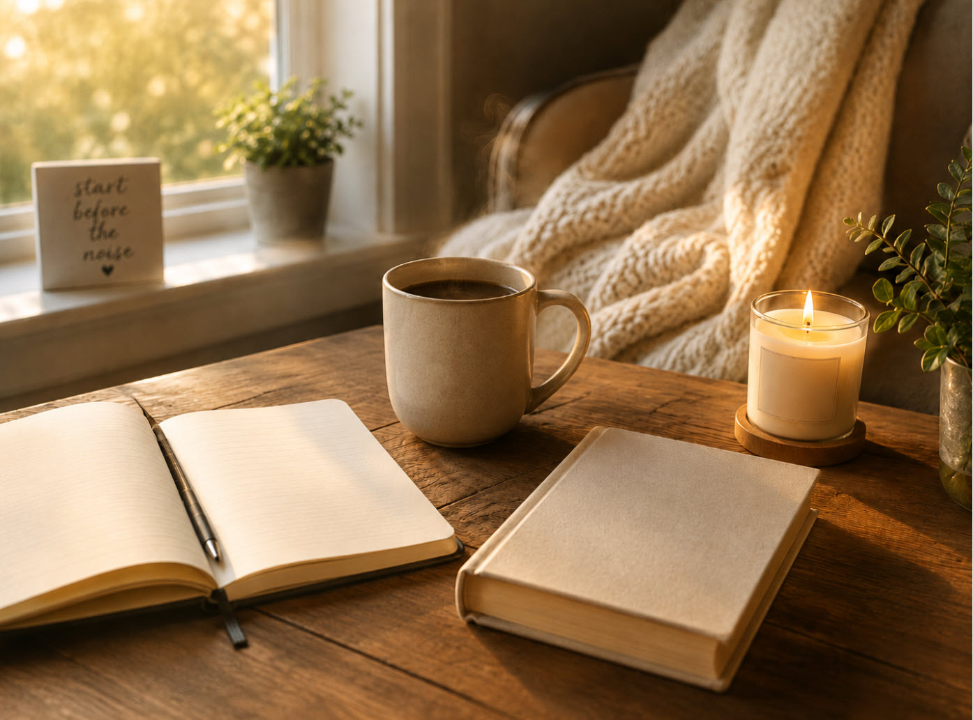 A calm bedroom with warm sunlight and a journal beside the bed