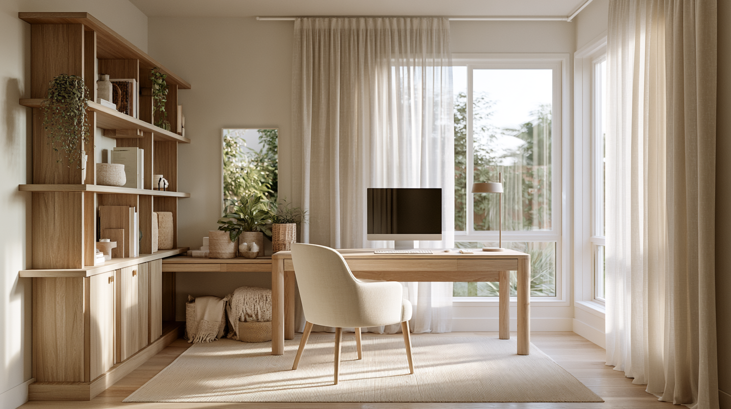 Soft neutral living space with simple decor and neatly arranged shelves