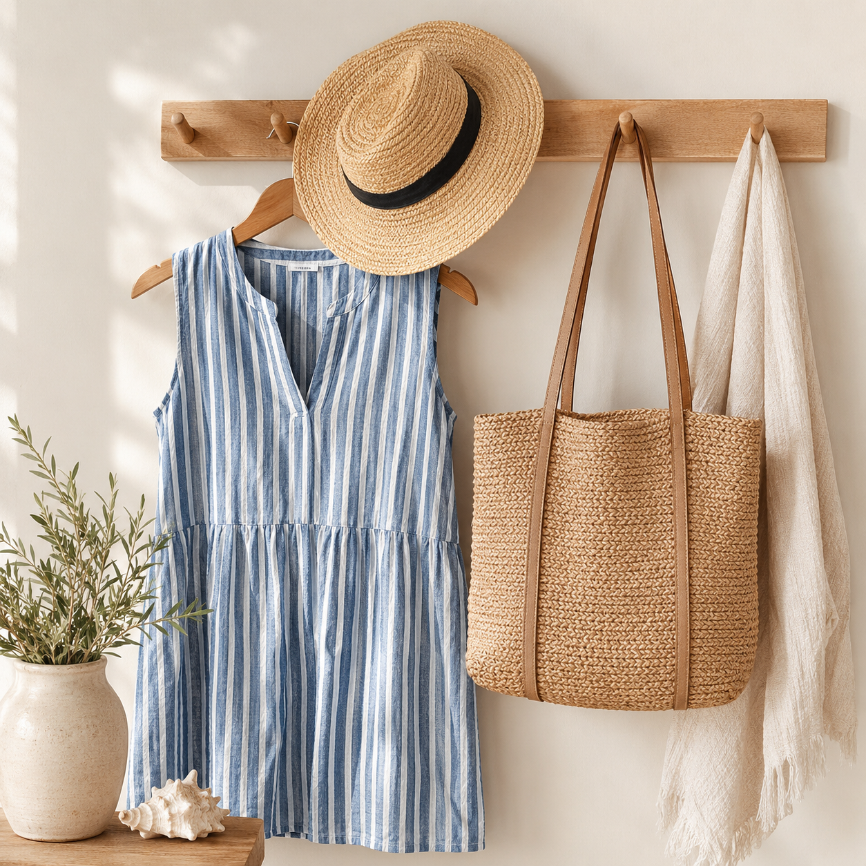Blue striped coastal dress straw hat and woven tote