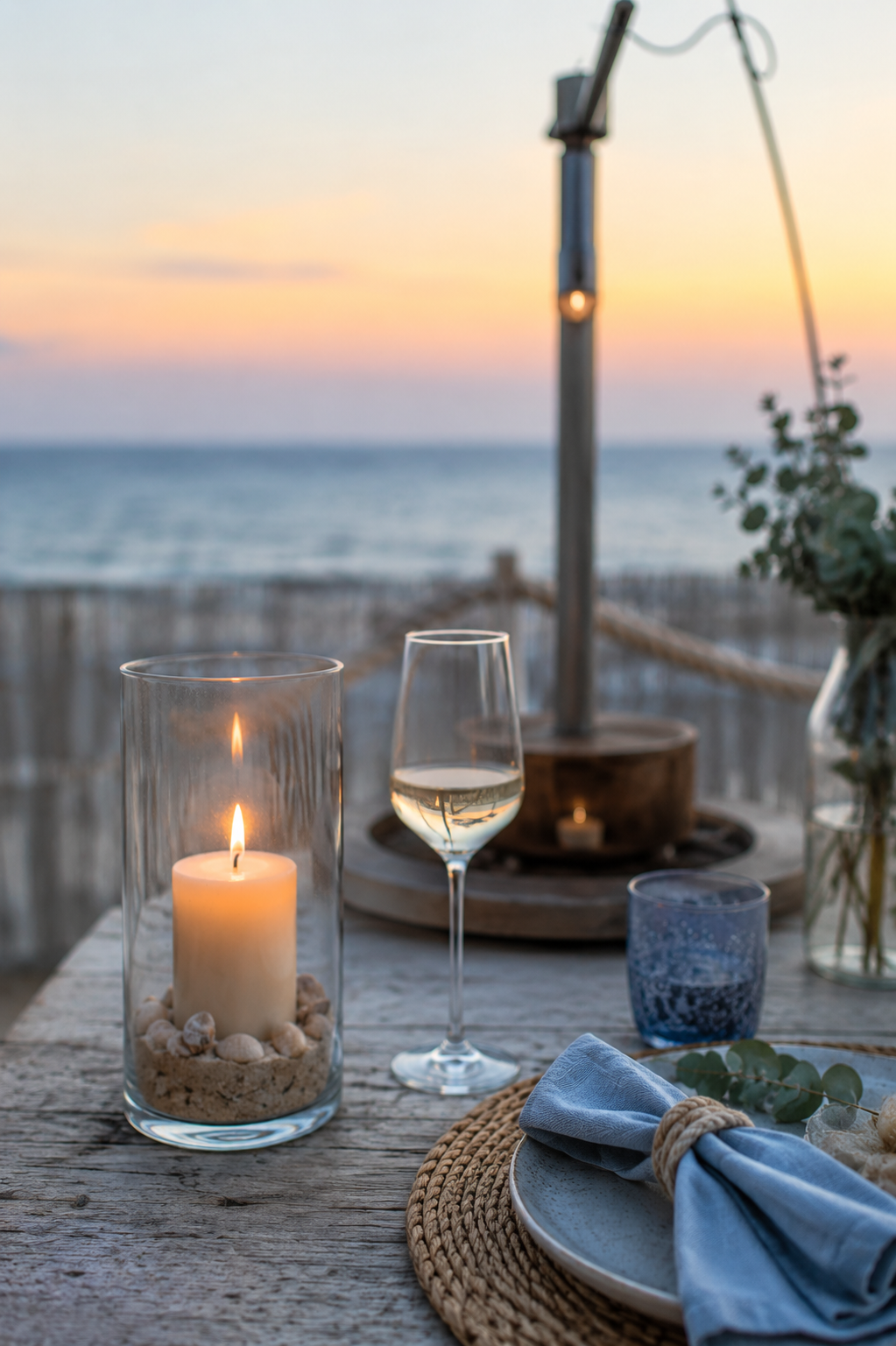 Coastal sunset table with wine candle and blue napkin