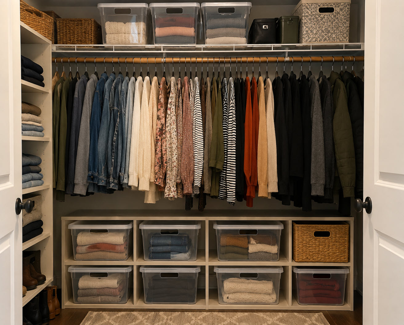 Personal closet with clothing and storage bins