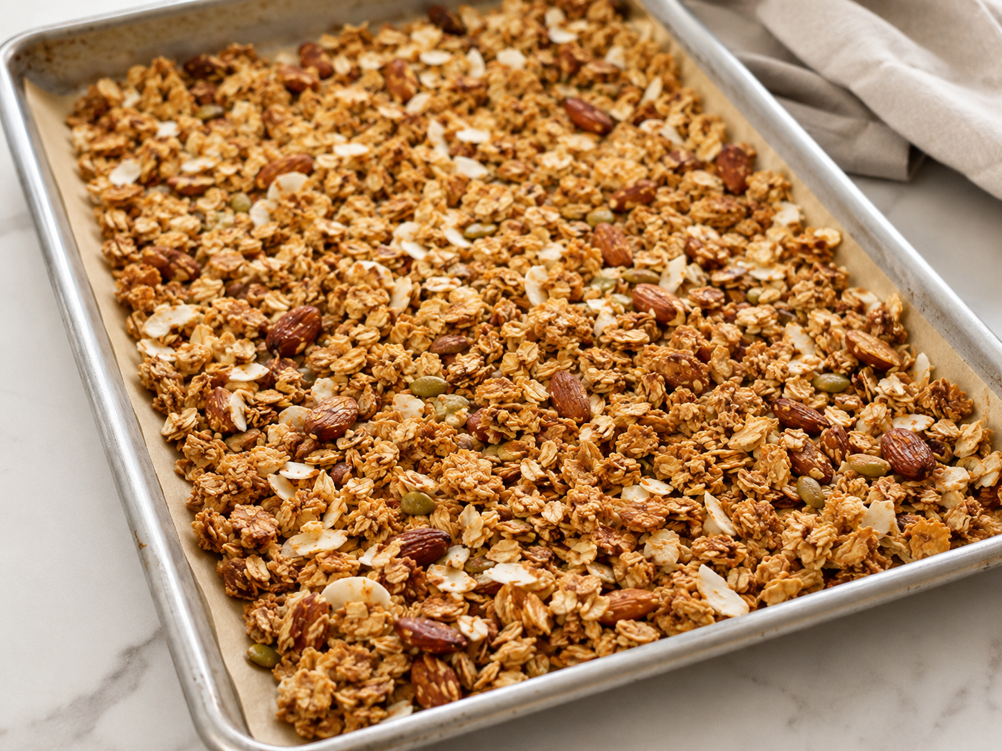 Homemade coconut almond granola baking on a parchment-lined sheet pan