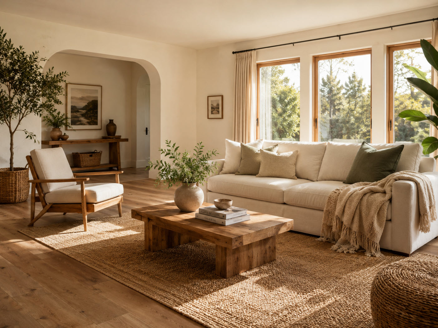 Warm intentional living room with natural textures and open space