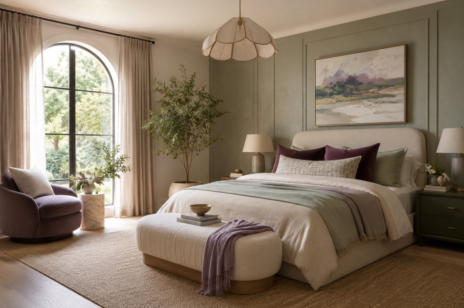 Peaceful neutral bedroom with soft natural light and open floor space