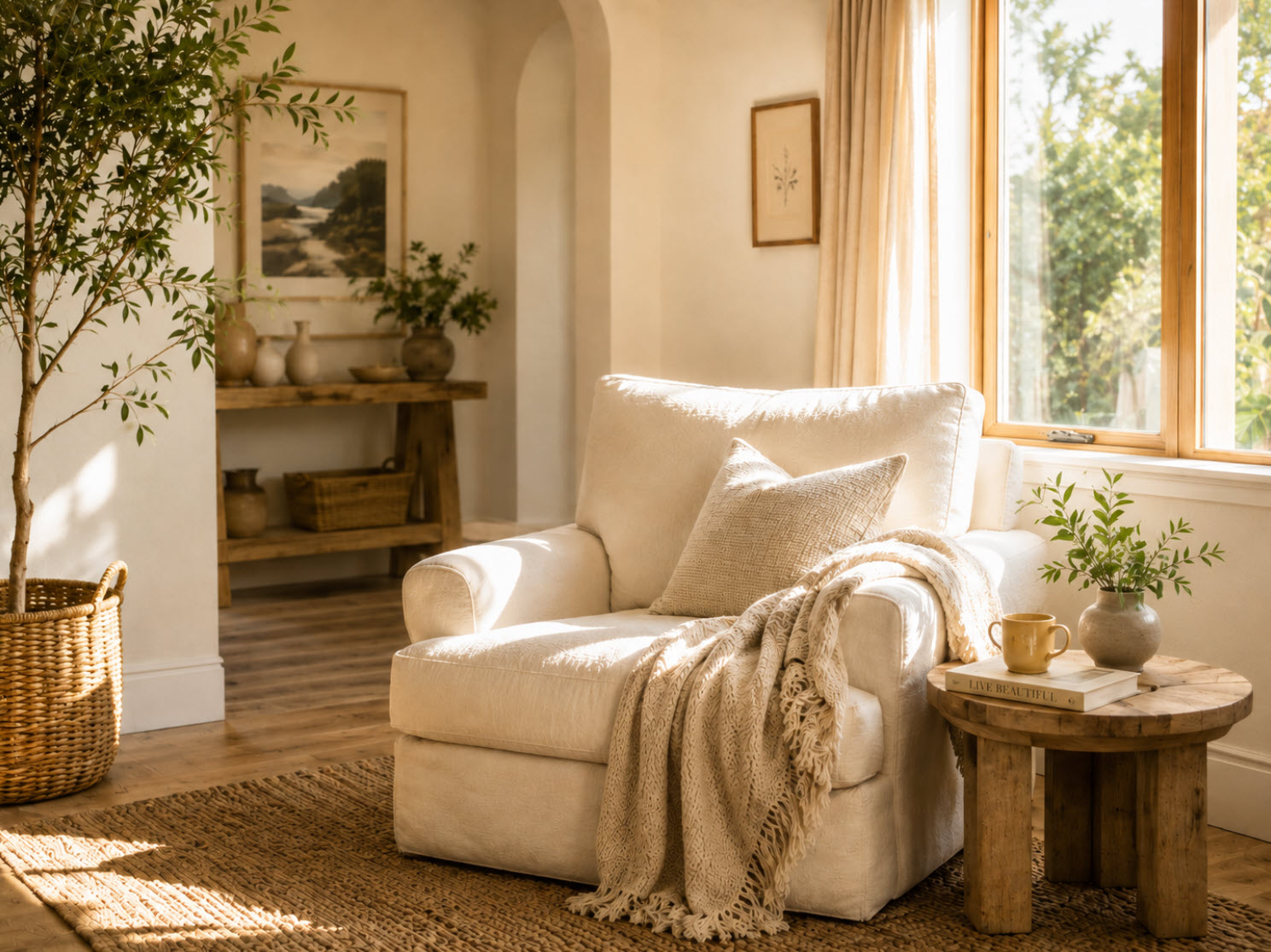 Sunlit reading nook with a comfortable chair and warm neutral decor