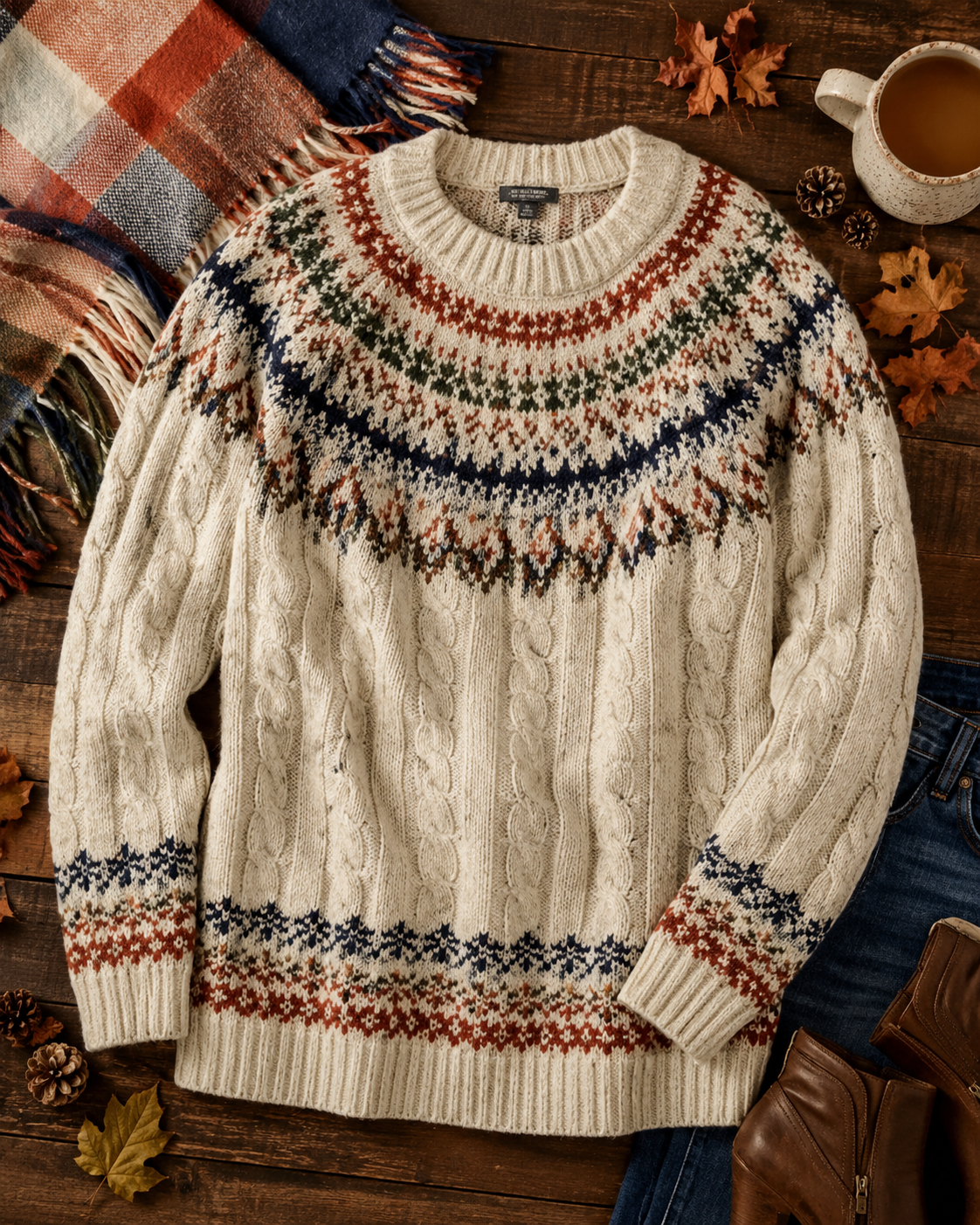 Cable knit sweater photographed on a clean neutral background for an online clothing listing