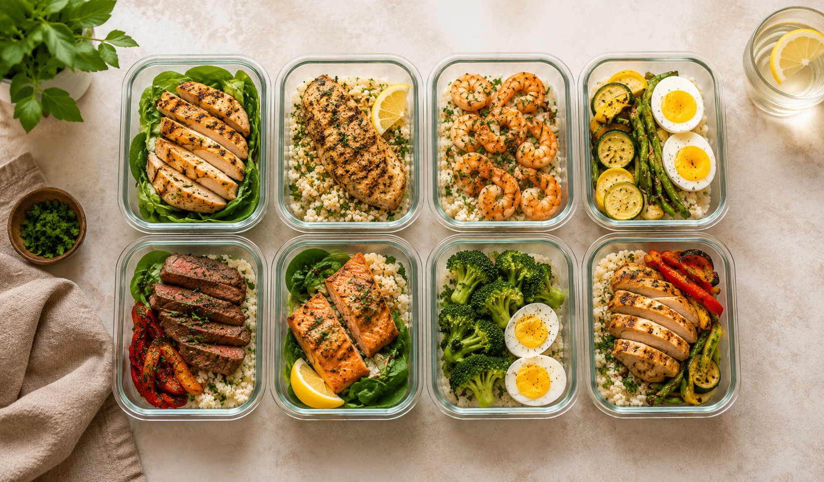 High-protein low-carb meal prep containers with chicken, vegetables, avocado and eggs