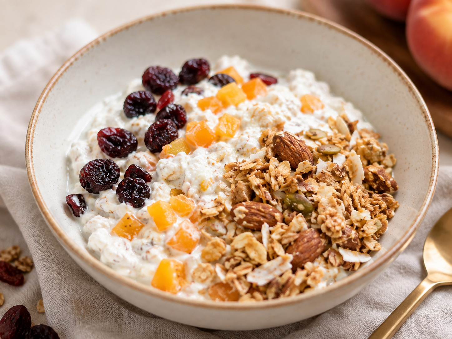 Peach muesli yogurt bowl topped with homemade granola, almonds, coconut and dried cherries