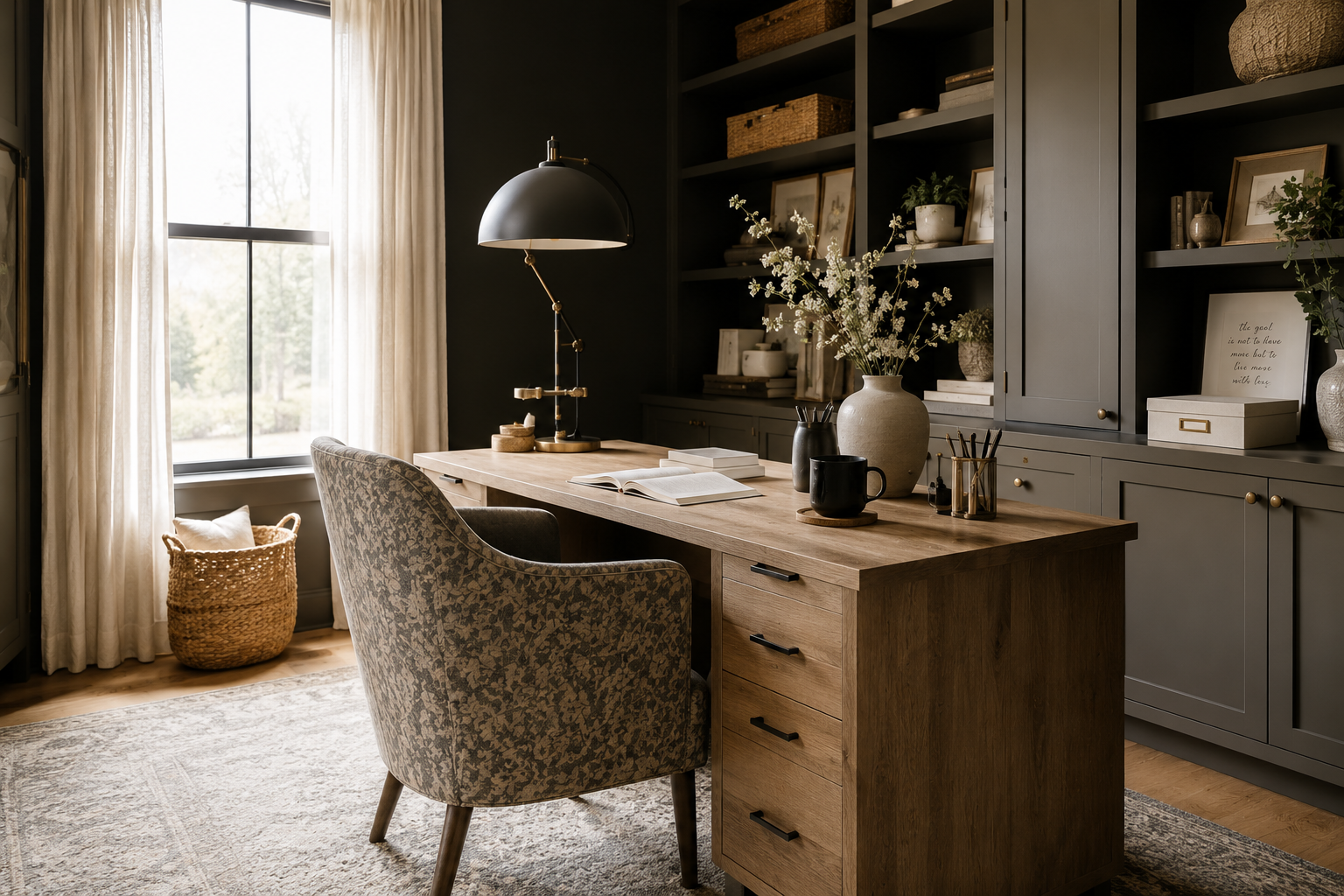 Organized home office with warm neutral decor