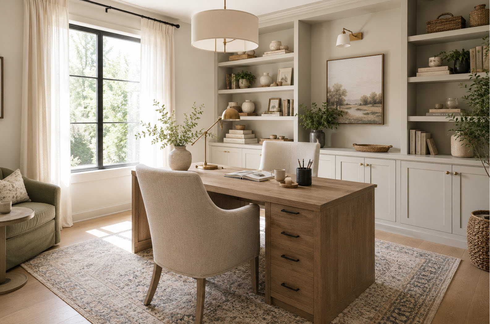 Calm organized home office with natural light and an uncluttered workspace