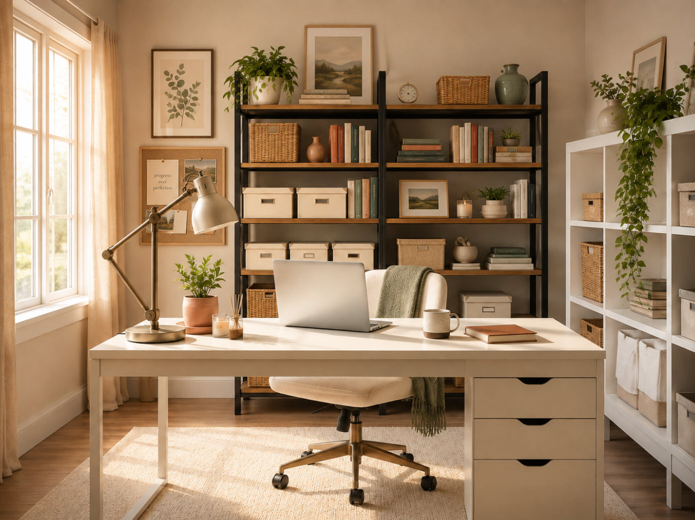 A calm organized home office after decluttering