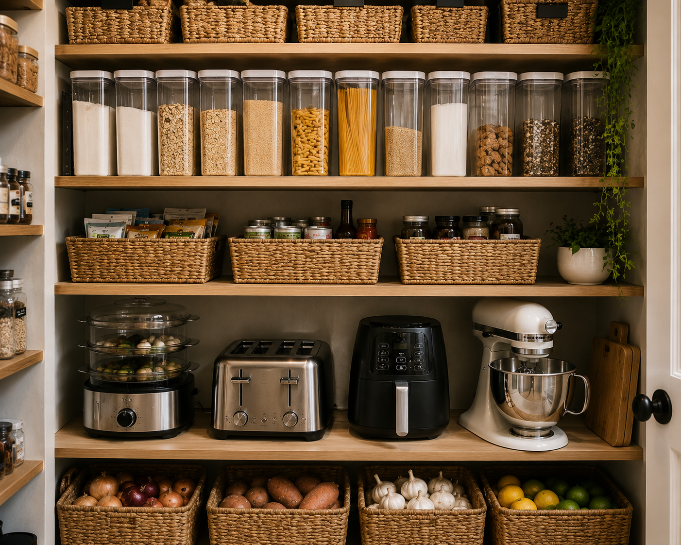 Beautifully organized pantry with clear containers, baskets, jars and labeled shelves