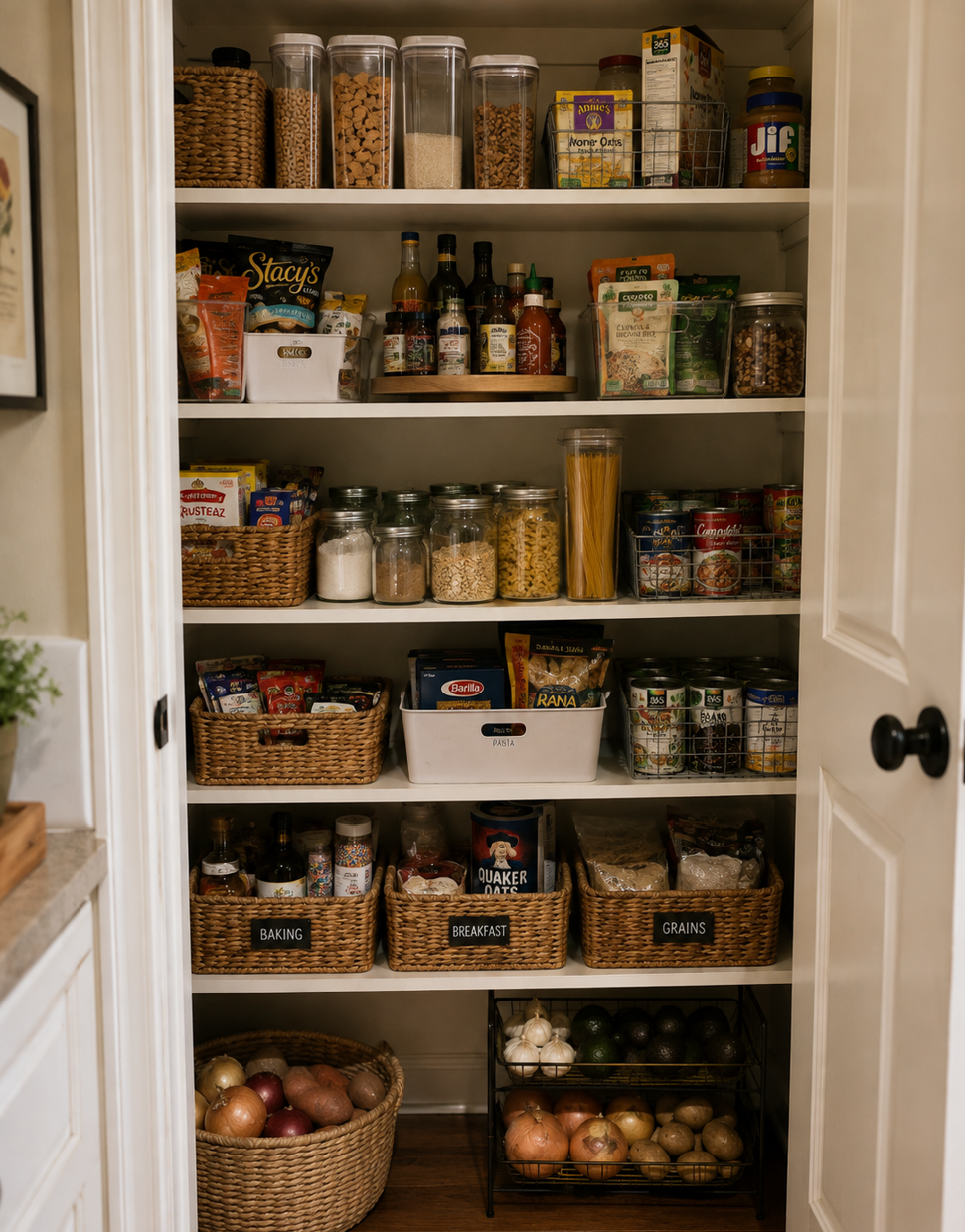 Open pantry filled with organized ingredients, produce, baskets and jars