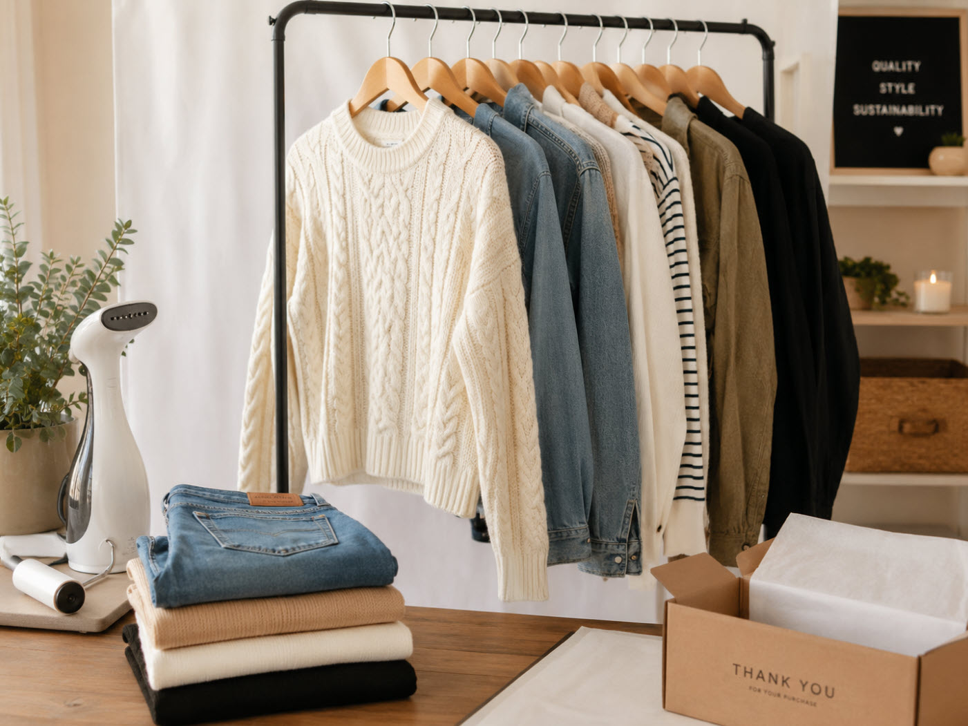 Clothing organized on a rack ready to be photographed and sold online