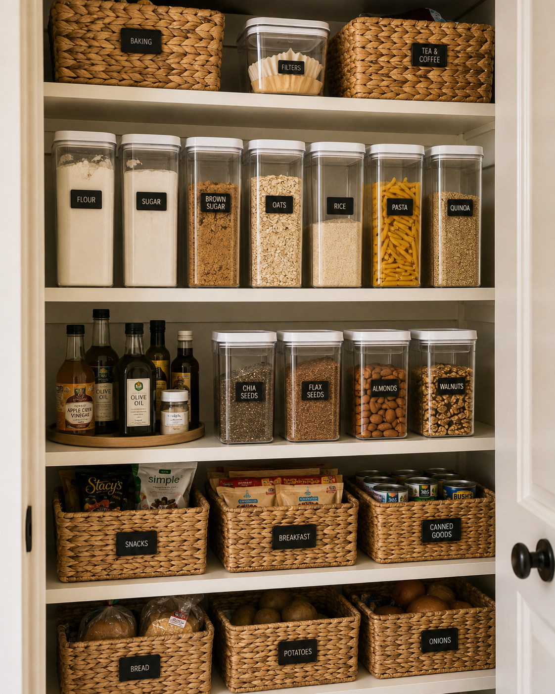 Organized pantry shelves with clear containers, labels and woven baskets